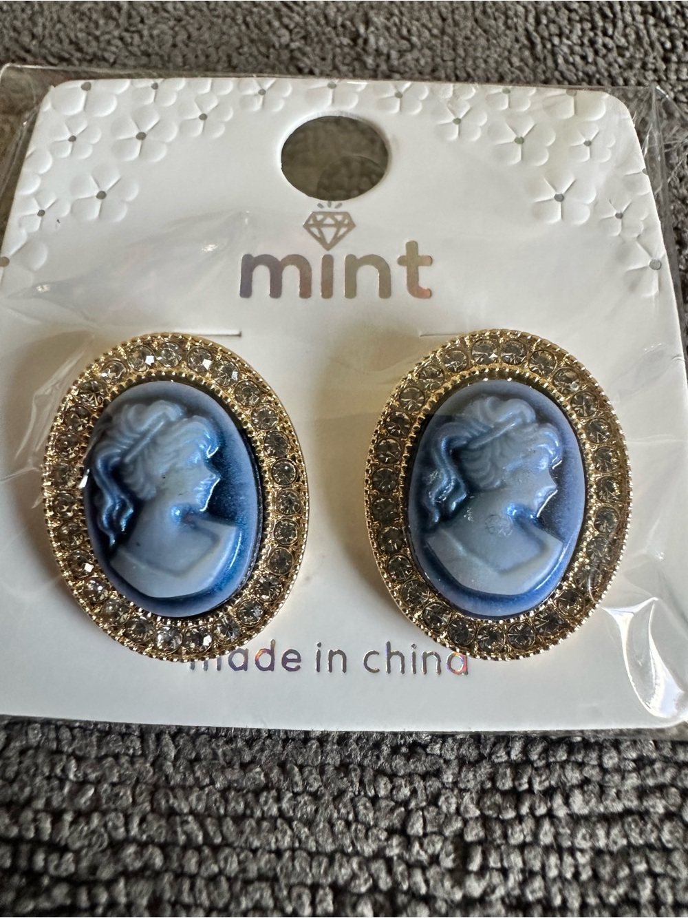 Mint Gold-Tone Blue Cameo Crystal Stud Earrings